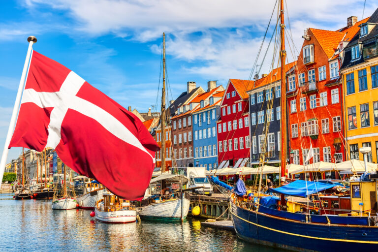 Danish flag waiving in Copenhagen in Denmark.