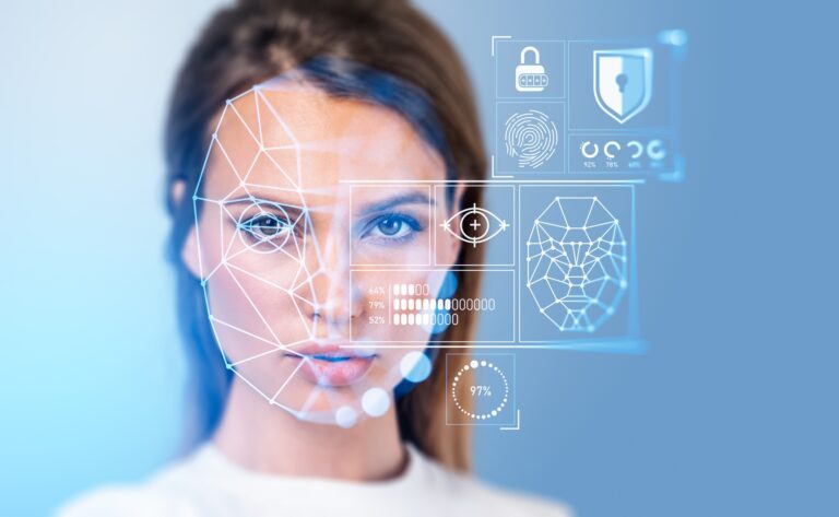 Woman face being scanned baby facial recognition technology, with digital biometric check.